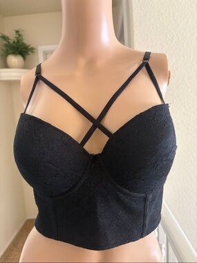 Jezebel Black Lace Longline Bustier with Crisscross Straps